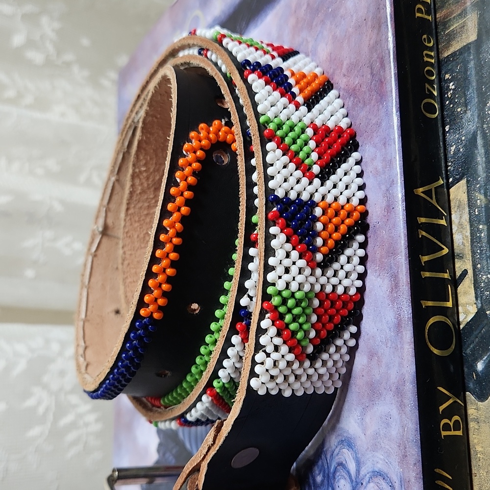 Black Vintage Native  Multicolor Beaded Leather Belt